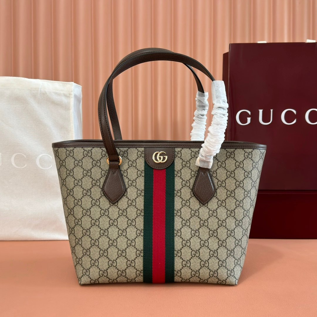 Gucci Ophidia GG Supreme beige ebony with brown leather and green-red-green stripe tote everyday