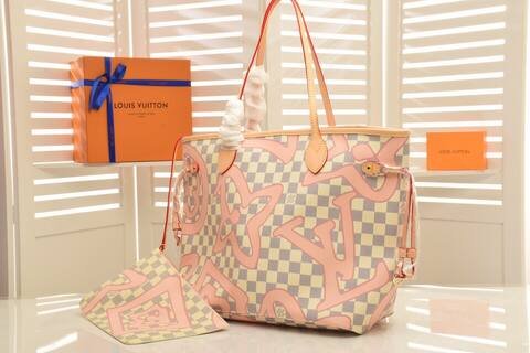 Louis Vuitton Neverfull Damier Azur with pink Monogram graffiti 32 x 29 x 17 cm tote Top Quality Replica