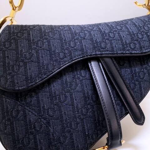 Dior Dark navy blue oblique canvas with black leather and gold hardware shoulder 1 1 Replica