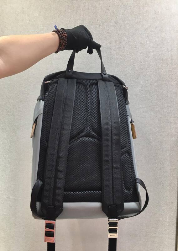 Prada Nylon black and gray with brown leather accents 27x45x17cm backpack — Top Quality Replica