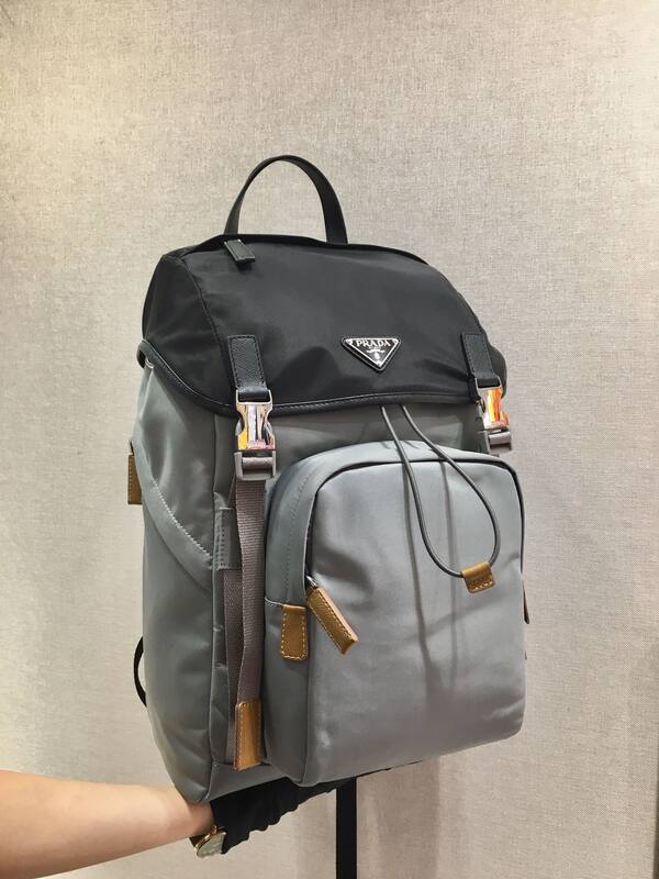 Prada Nylon black and gray with brown leather accents 27x45x17cm backpack — Top Quality Replica