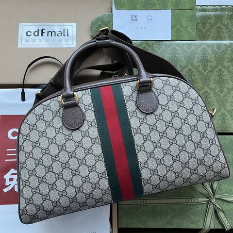 Gucci GG Supreme Ophidia GG Supreme canvas with brown leather and green-red-green web travel AAA Quality Replica