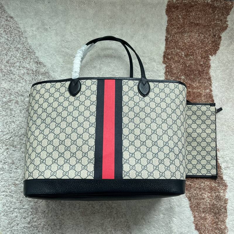 Gucci GG Supreme beige black with red-green web stripe large tote — Top Quality Replica