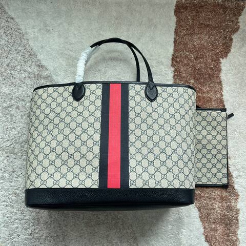 Gucci GG Supreme beige black with red-green web stripe large tote Top Quality Replica