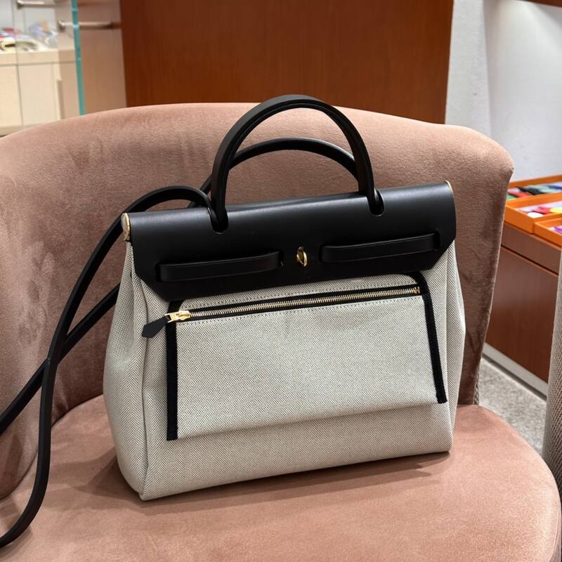 Hermes Herbag Beige canvas and Black leather shoulder — Top Quality Replica