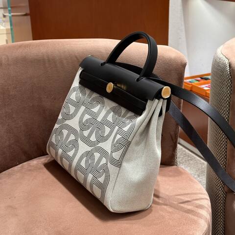 Hermes Herbag Beige canvas and Black leather 31cm shoulder Top Quality Replica
