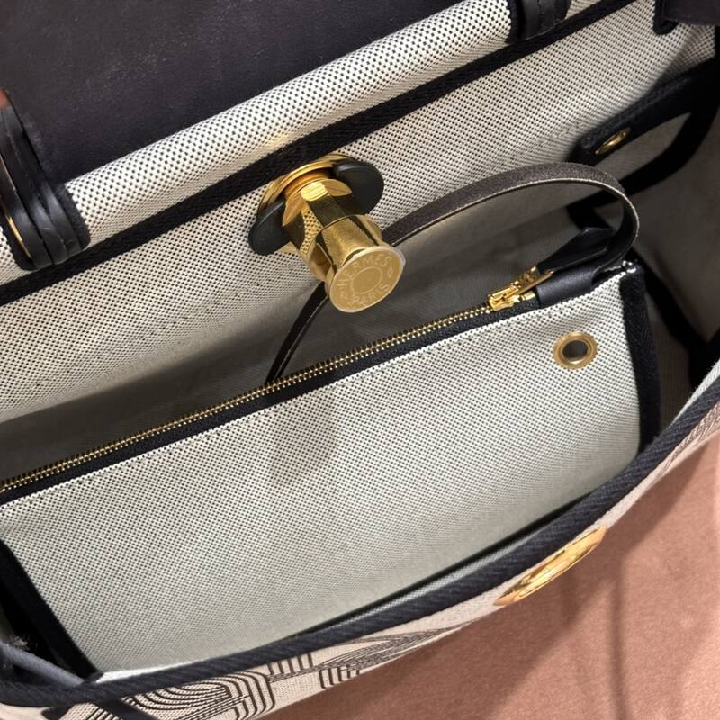 Hermes Herbag Beige canvas and Black leather shoulder — Top Quality Replica