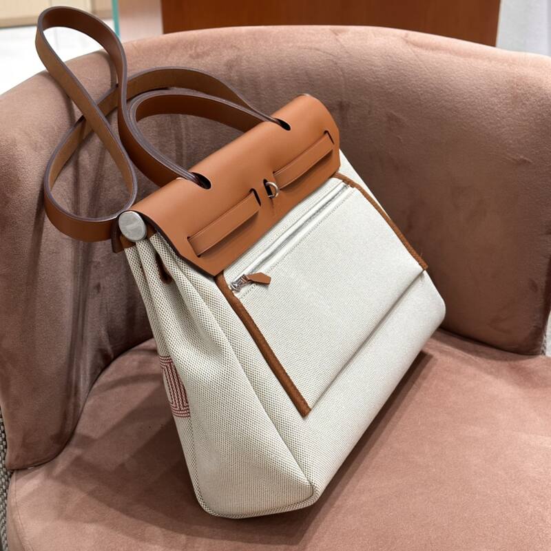 Hermes Herbag Beige canvas with brown leather and red print shoulder — AAA Quality Replica