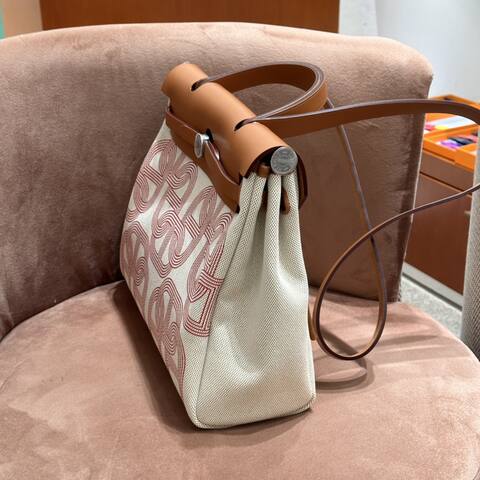 Hermes Herbag Beige canvas with brown leather and red print 31cm shoulder AAA Quality Replica