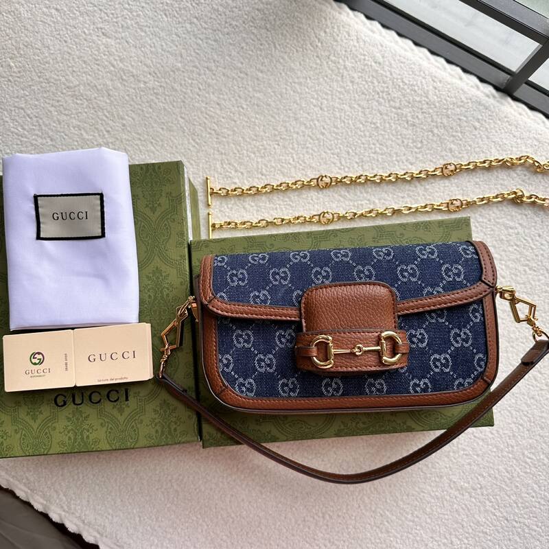 Gucci Horsebit 1955 Blue GG denim and brown leather shoulder — AAA Quality Replica
