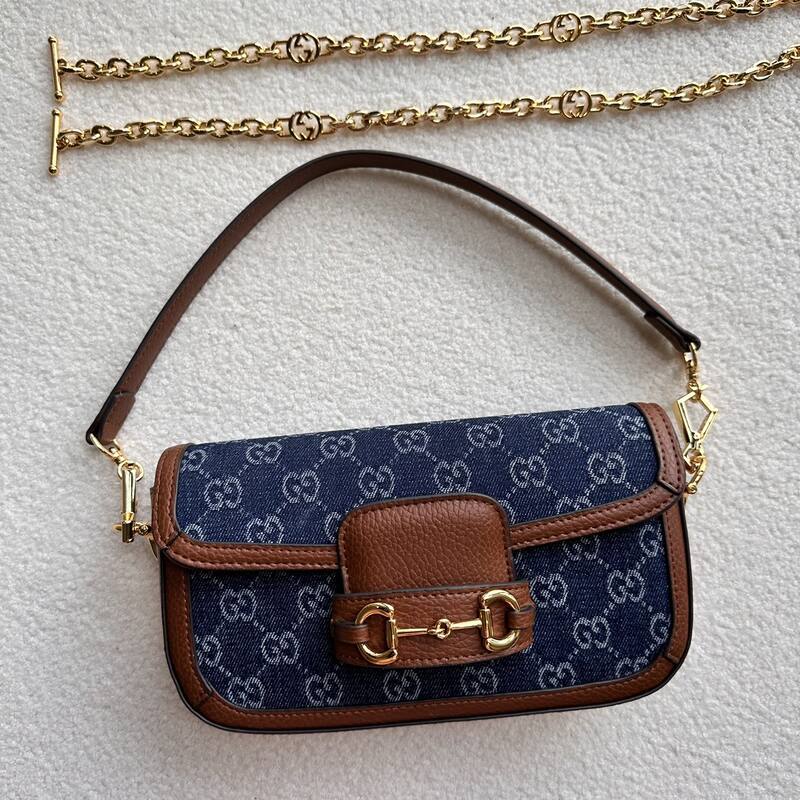 Gucci Horsebit 1955 Blue GG denim and brown leather shoulder — AAA Quality Replica