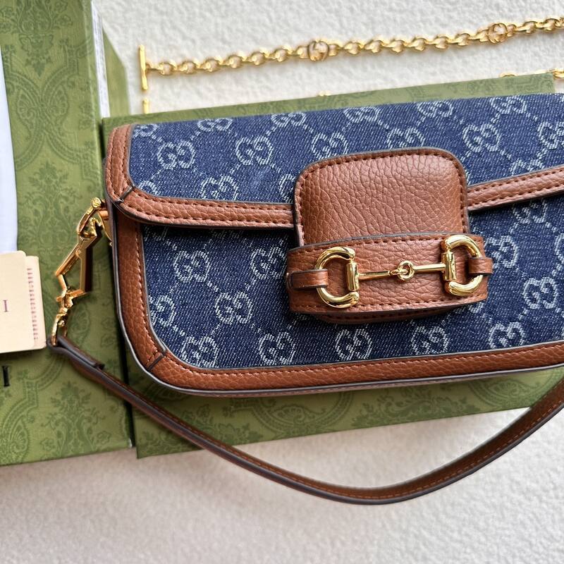 Gucci Horsebit 1955 Blue GG denim and brown leather shoulder — AAA Quality Replica