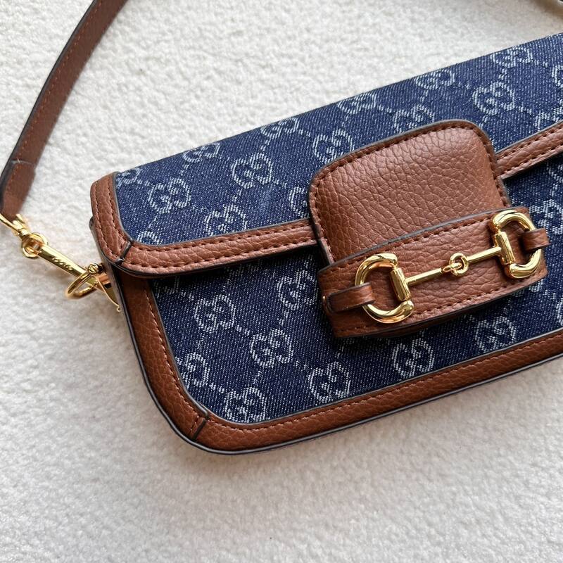 Gucci Horsebit 1955 Blue GG denim and brown leather shoulder — AAA Quality Replica