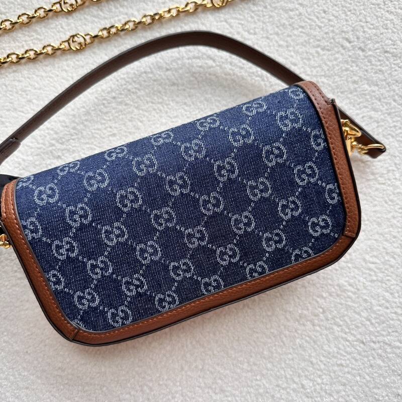 Gucci Horsebit 1955 Blue GG denim and brown leather shoulder — AAA Quality Replica