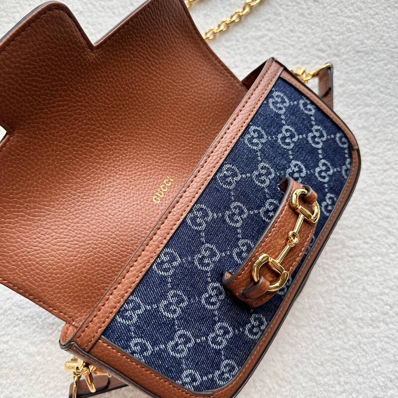 Gucci Horsebit 1955 Blue GG denim and brown leather shoulder — AAA Quality Replica