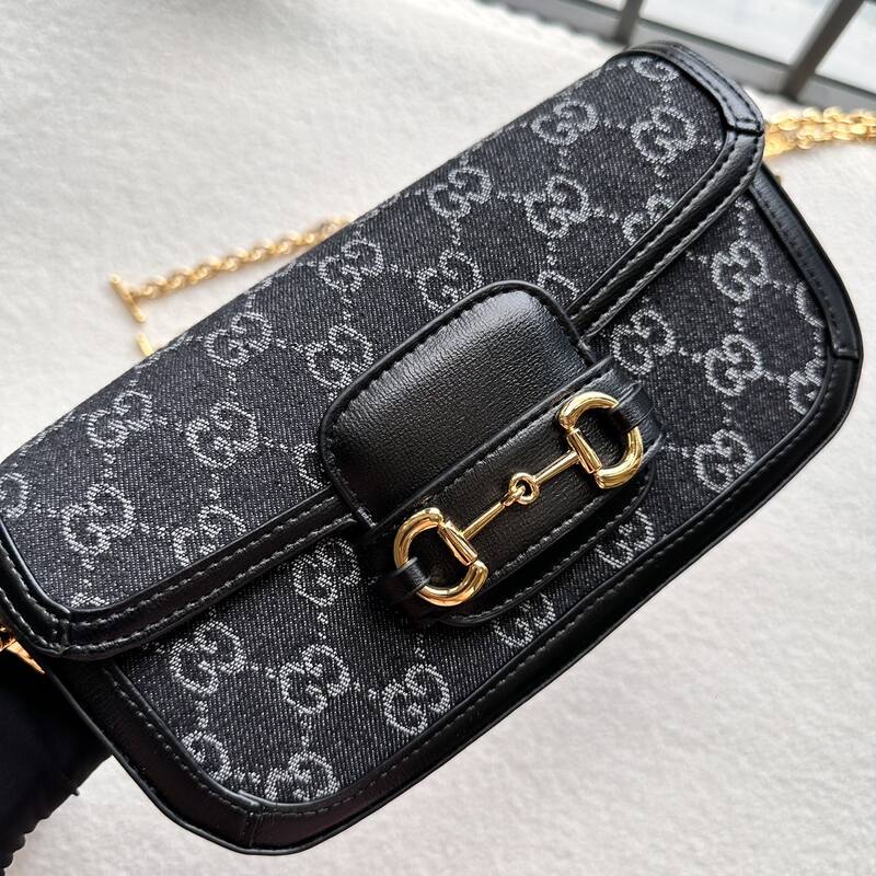 Gucci Horsebit 1955 Black GG denim shoulder — Premium Replica