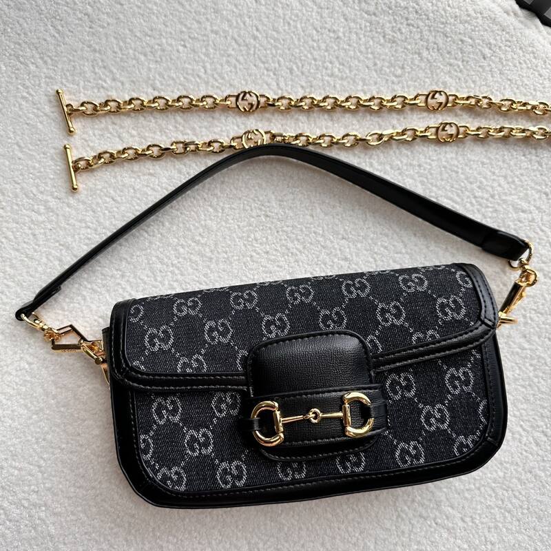 Gucci Horsebit 1955 Black GG denim shoulder — Premium Replica