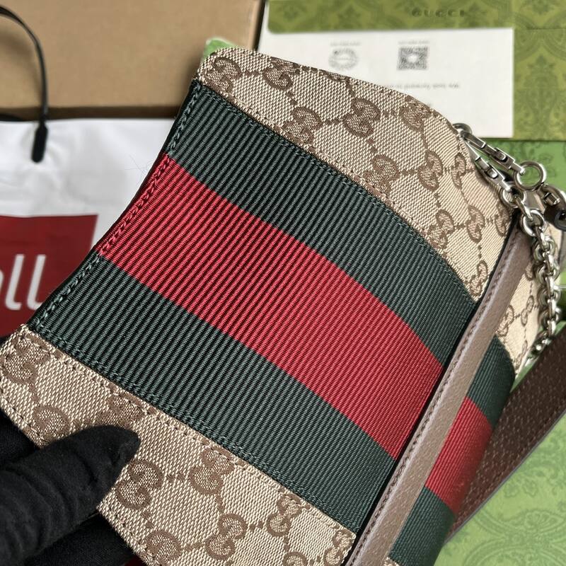 Gucci Horsebit Chain GG Supreme beige brown with green-red-green stripe crossbody — Premium Replica