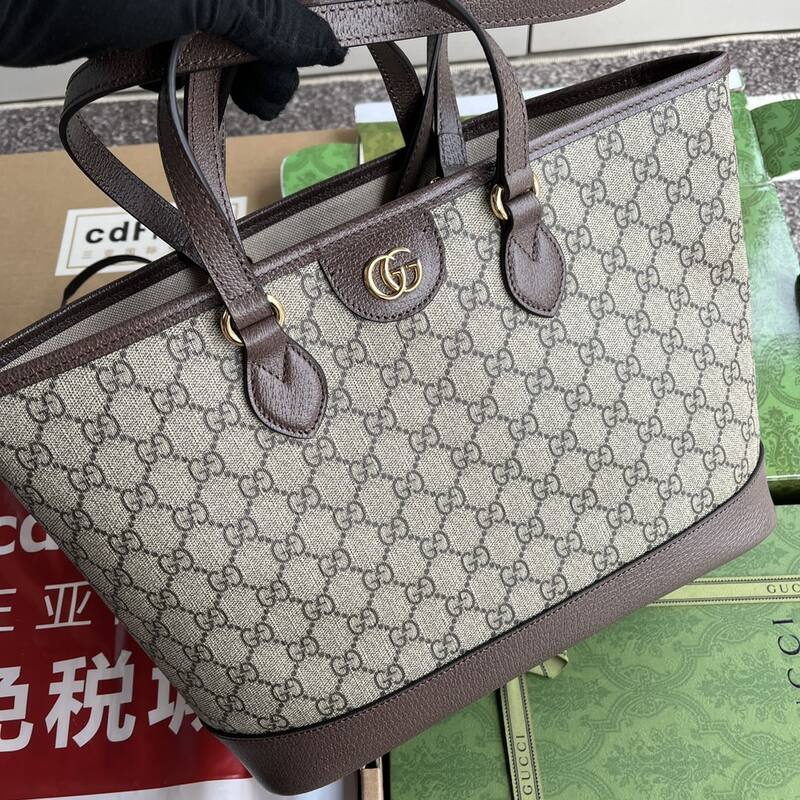 Gucci Beige Ebony GG Supreme with Brown leather tote — 1:1 Replica