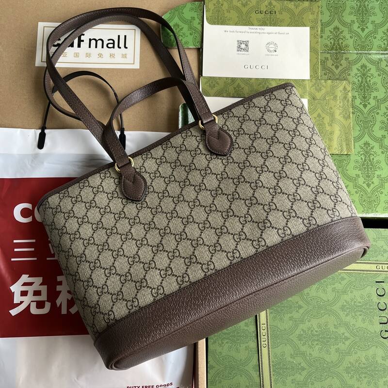 Gucci Beige Ebony GG Supreme with Brown leather tote — 1:1 Replica