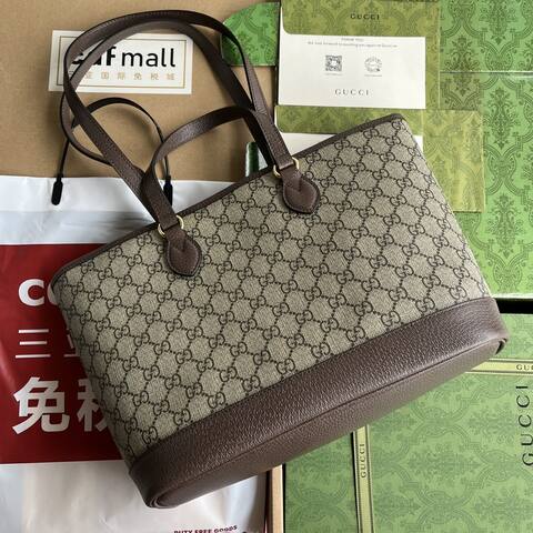 Gucci Beige Ebony GG Supreme with Brown leather tote 1 1 Replica
