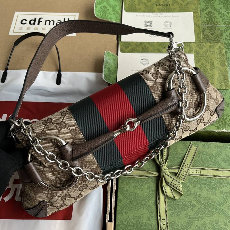 Gucci Horsebit Chain Beige GG canvas with brown leather and red-green web shoulder — 1:1 Replica