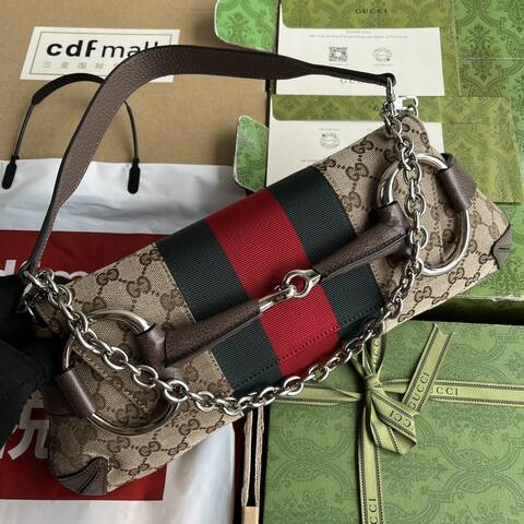 Gucci Horsebit Chain Beige GG canvas with brown leather and red-green web shoulder 1 1 Replica