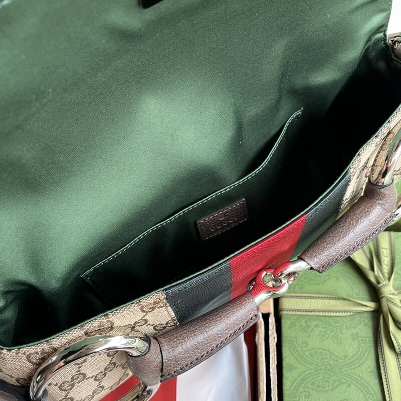 Gucci Horsebit Chain Beige GG canvas with brown leather and red-green web shoulder — 1:1 Replica