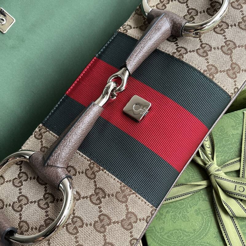 Gucci Horsebit Chain Beige GG canvas with brown leather and red-green web shoulder — 1:1 Replica