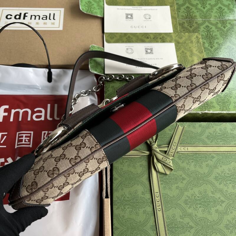 Gucci Horsebit Chain Beige GG canvas with brown leather and red-green web shoulder — 1:1 Replica