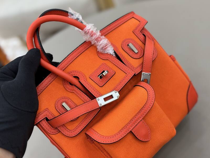 Hermes Cargo Birkin 25 Orange canvas with red leather trim everyday — Premium Replica