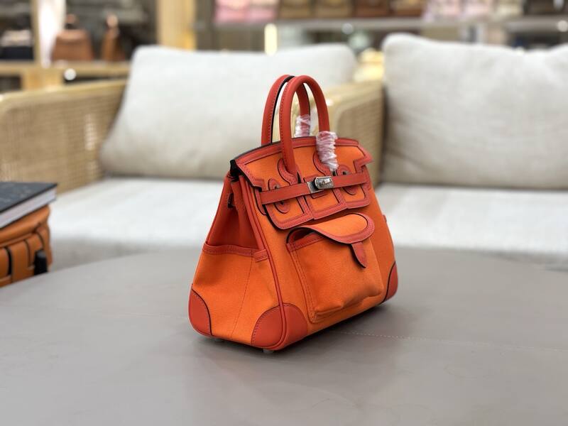 Hermes Cargo Birkin 25 Orange canvas with red leather trim everyday — Premium Replica