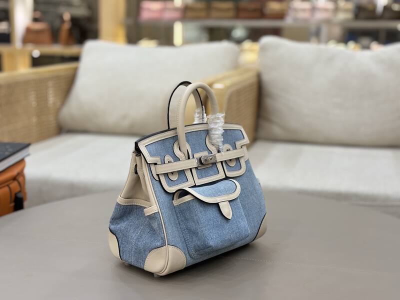 Hermes Cargo 25 Blue denim and beige handbag — Top Quality Replica