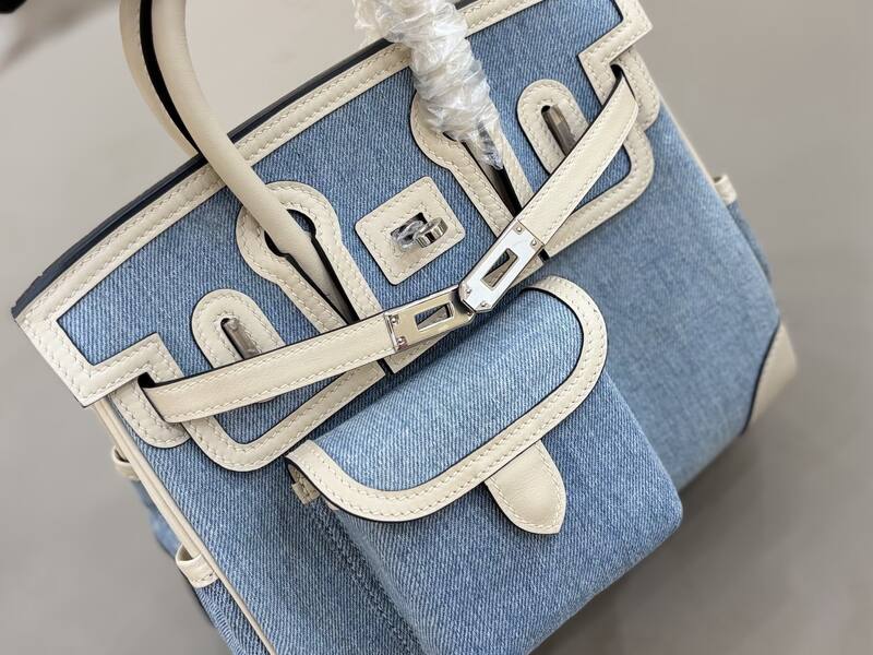 Hermes Cargo 25 Blue denim and beige handbag — Top Quality Replica