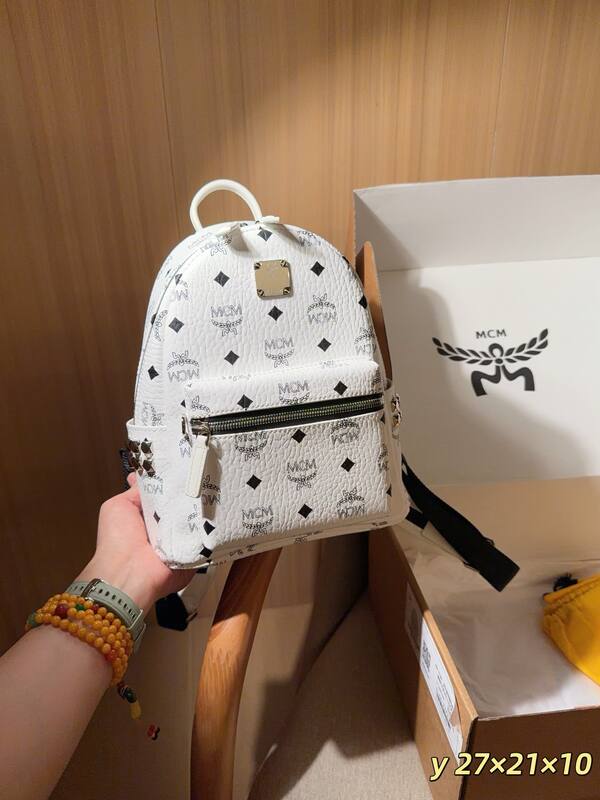 MCM Stark White Visetos 27x21x10cm backpack — Premium Replica