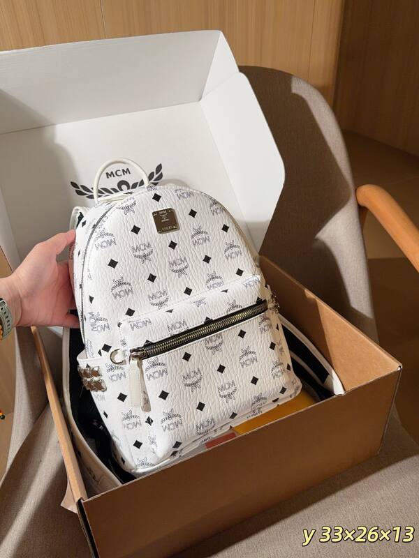 MCM Stark White Visetos 33x26x13cm backpack — AAA Quality Replica