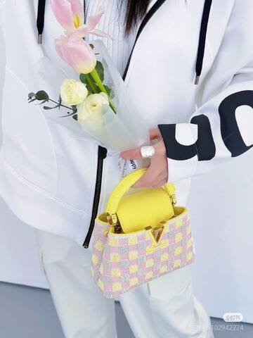 Louis Vuitton Capucines Pastel pink yellow checkered with yellow handle mini top AAA Quality Replica