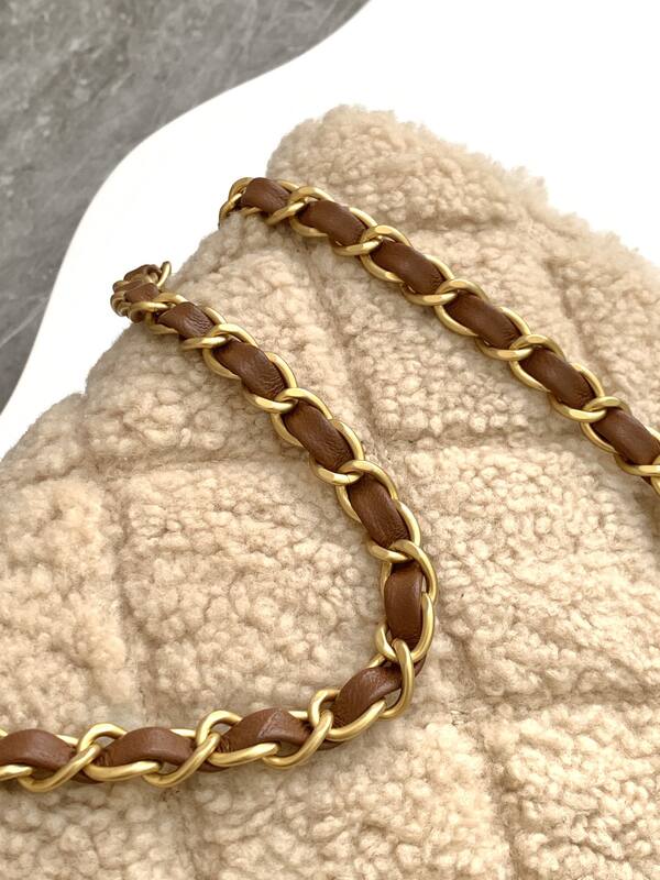 Chanel Classic Flap Beige shearling with brown leather shoulder — AAA Quality Replica