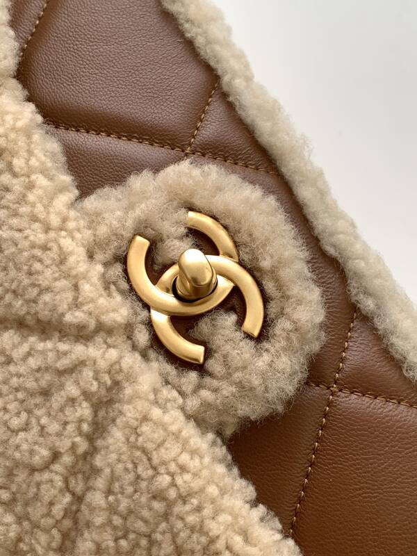 Chanel Classic Flap Beige shearling with brown leather shoulder — AAA Quality Replica