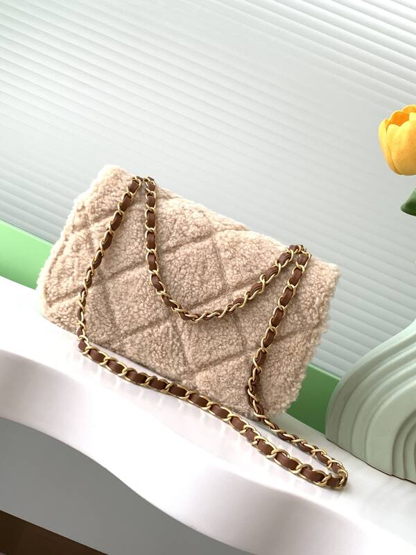 Chanel Classic Flap Beige shearling with brown leather shoulder — AAA Quality Replica