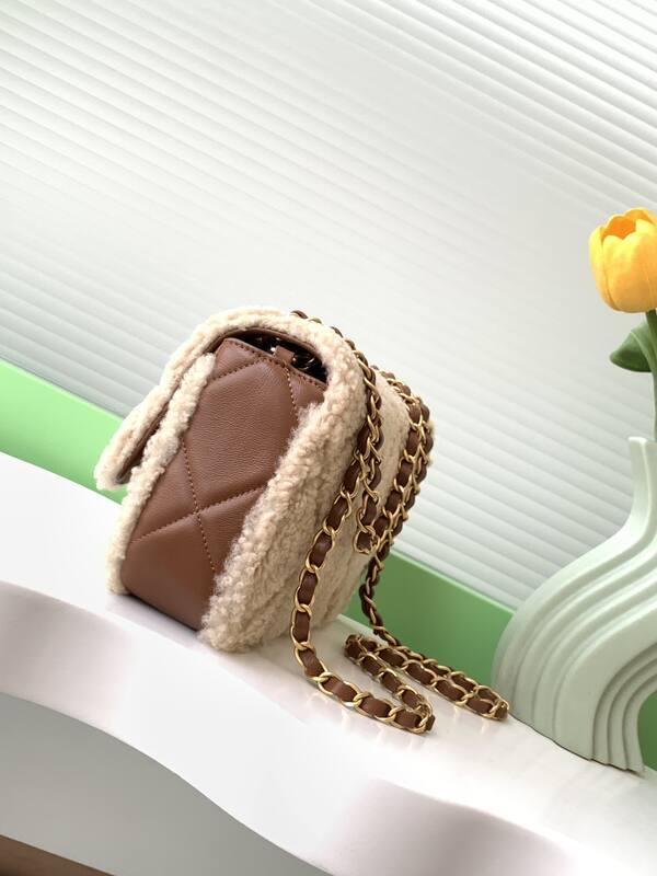 Chanel Classic Flap Beige shearling with brown leather shoulder — AAA Quality Replica