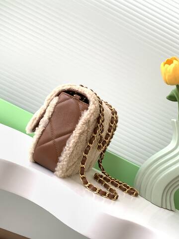 Chanel Classic Flap Beige shearling with brown leather shoulder AAA Quality Replica