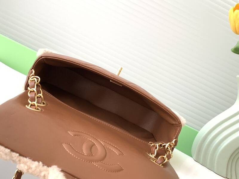 Chanel Classic Flap Beige shearling with brown leather shoulder — AAA Quality Replica