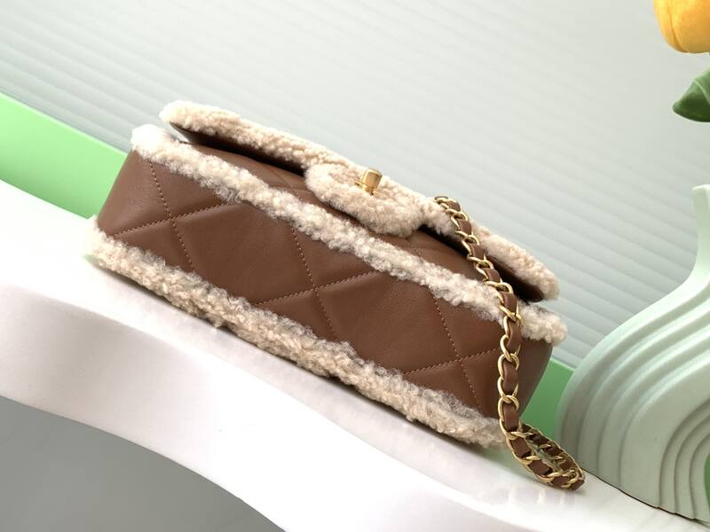 Chanel Classic Flap Beige shearling with brown leather shoulder — AAA Quality Replica