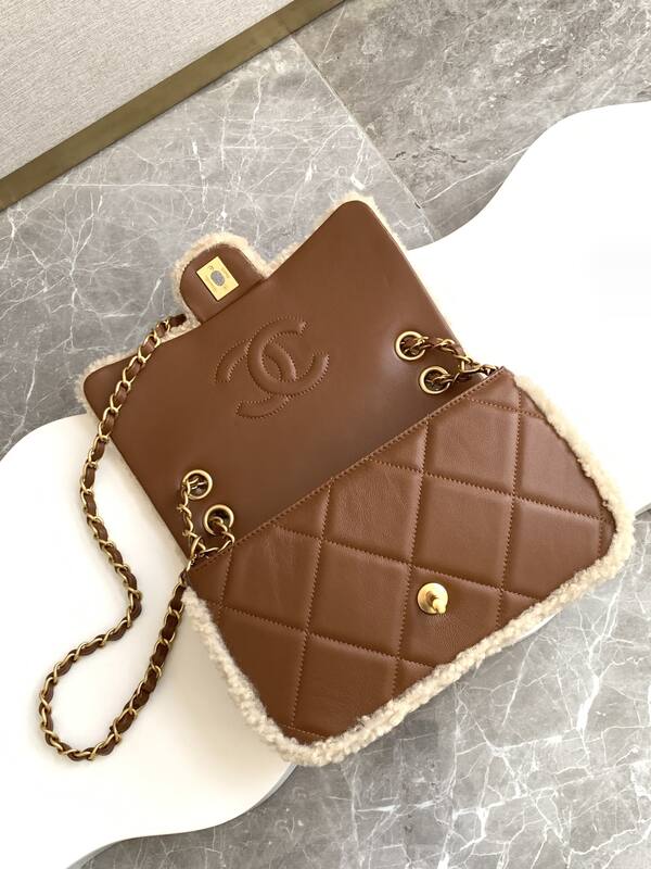 Chanel Classic Flap Beige shearling with brown leather shoulder — AAA Quality Replica