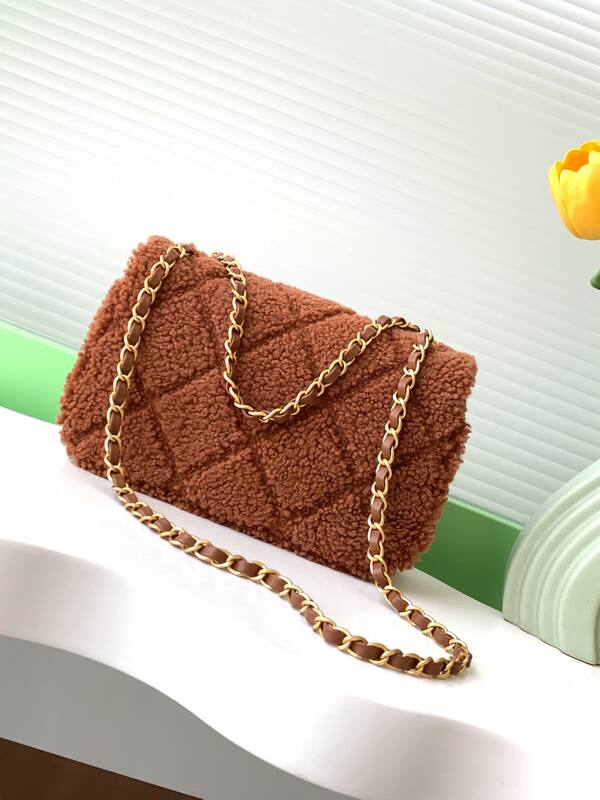 Chanel Classic Flap Brown teddy lamb wool shoulder — Premium Replica