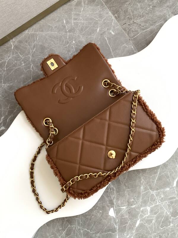 Chanel Classic Flap Brown teddy lamb wool shoulder — Premium Replica