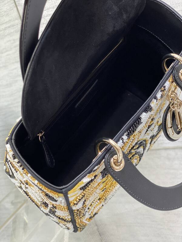 Dior Lady Black Gold White beaded embroidery shoulder — Premium Replica