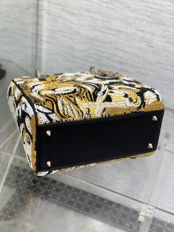 Dior Lady Black Gold White beaded embroidery shoulder — Premium Replica
