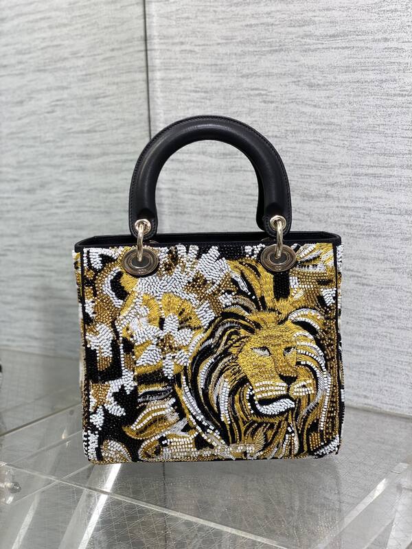 Dior Lady Black Gold White beaded embroidery shoulder — Premium Replica